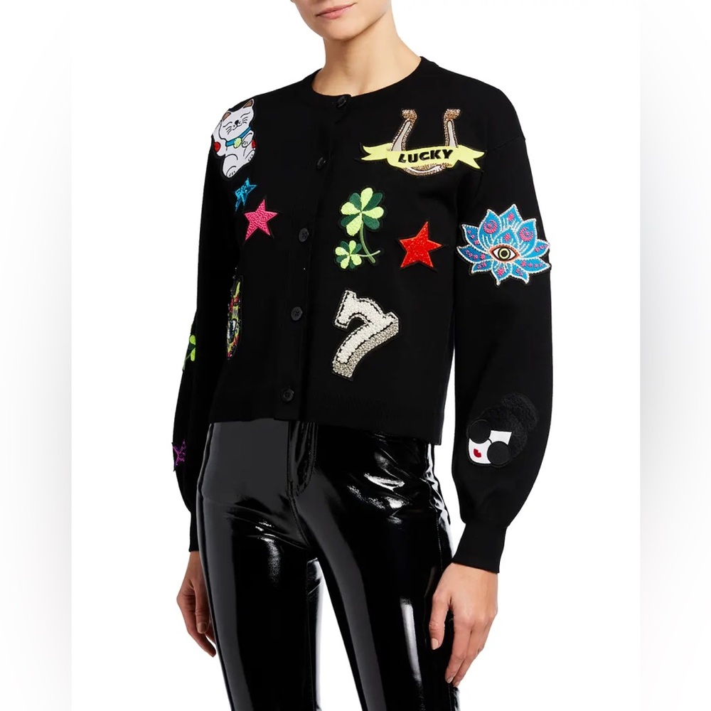 Alice + Olivia Zola Embellishment Embroidery Patches Cardigan Sweater S